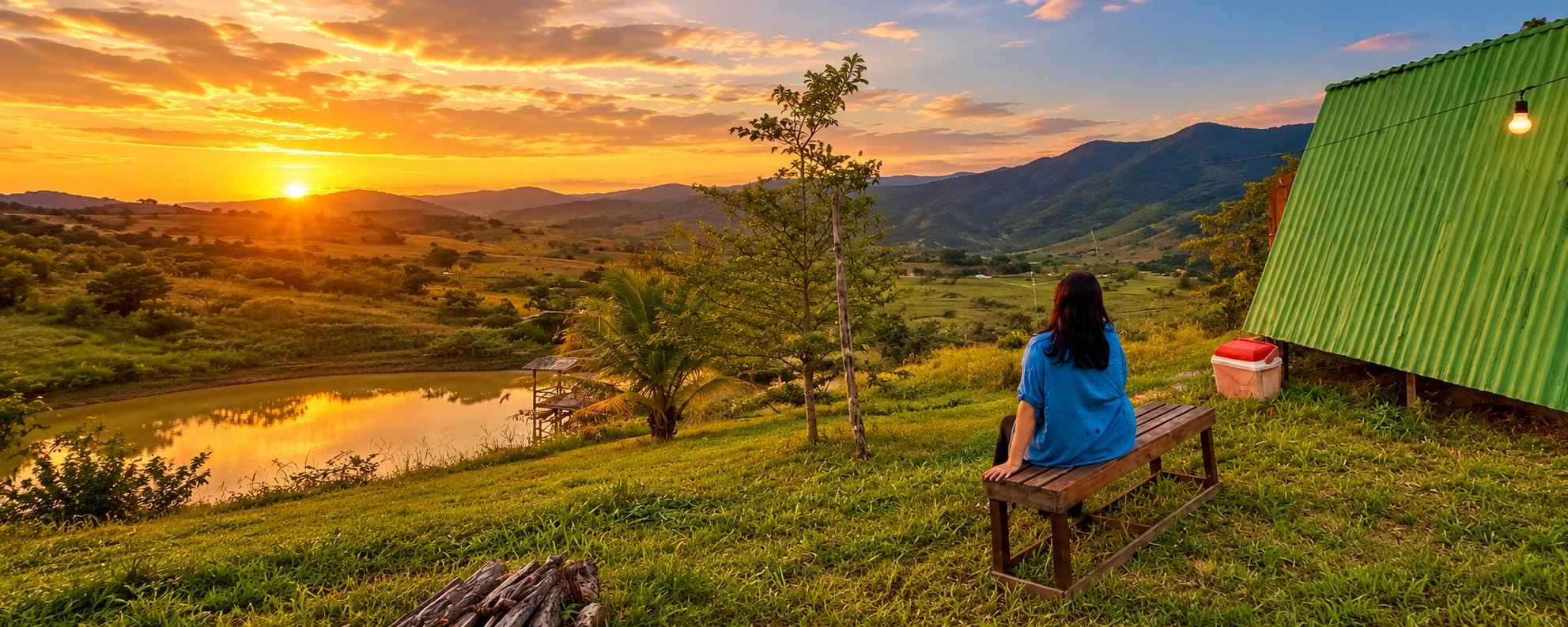 Pôr do sol sobre as montanhas e a paisagem verde do rancho